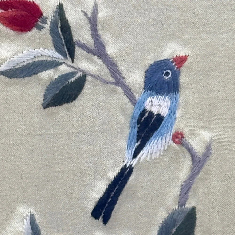 Chinese Silk Embroidery of Bird and Flowers in Bamboo Frame